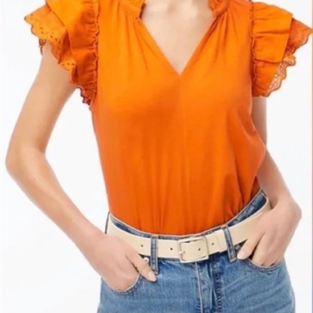 💗J. CREW Eyelet Short Sleeve Flutter-Sleeve V-Neck Top Orange M